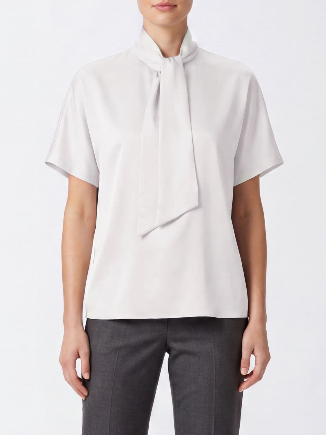 Brunello Cucinelli Pussy-Bow Neck Silk Blouse with Short Sleeves