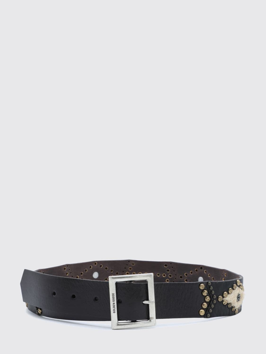 Golden Goose Leather and Pony Hair Belt with Studs and Engraved Logo Buckle