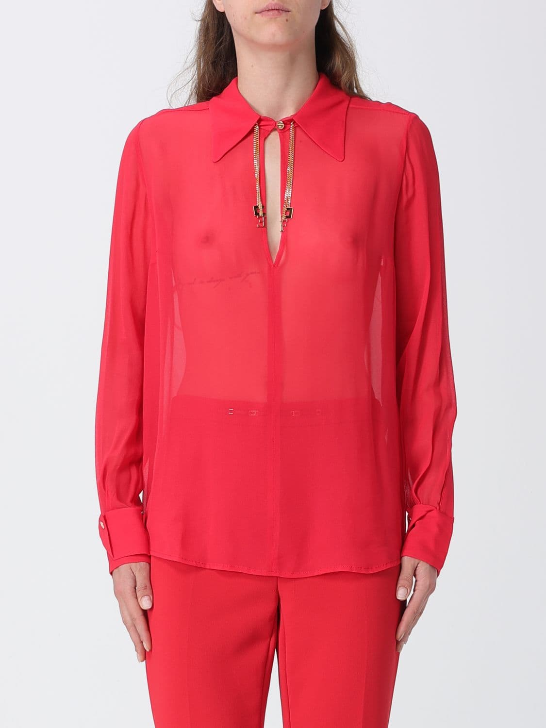 Elisabetta Franchi Sheer Georgette Shirt with Jewel Collar