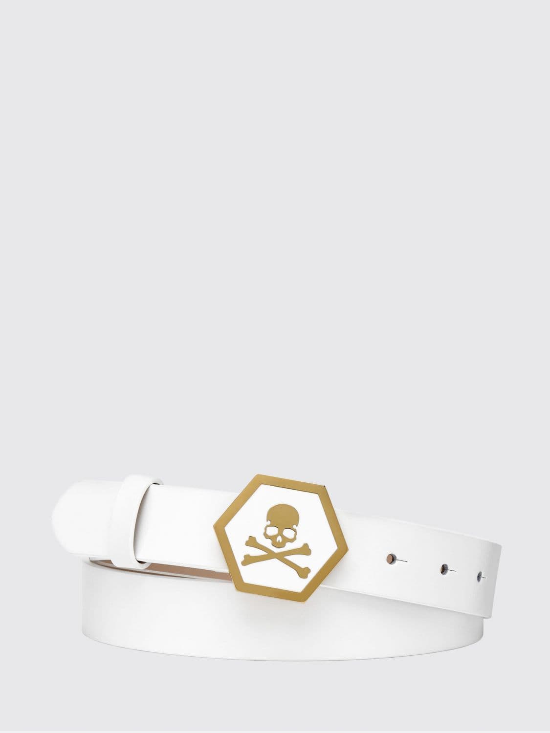 Philipp Plein Smooth Leather Belt with Metal Buckle and Skull Print