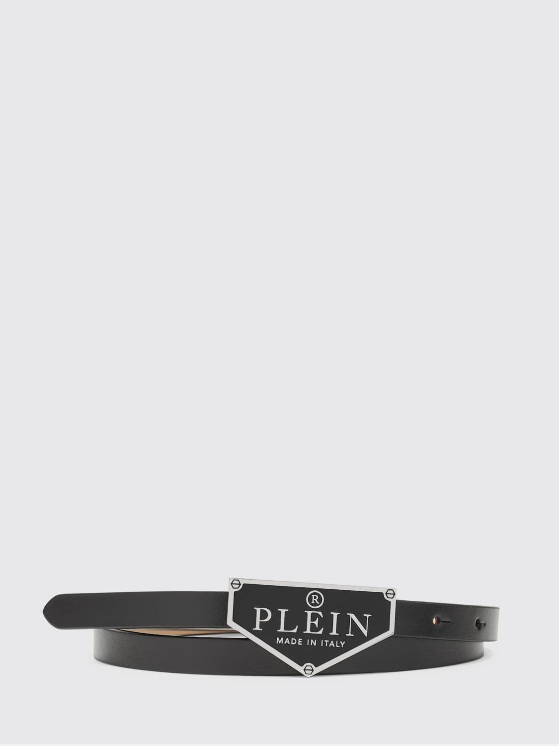 Philipp Plein Slim Smooth Leather Belt with Enameled Logo Buckle