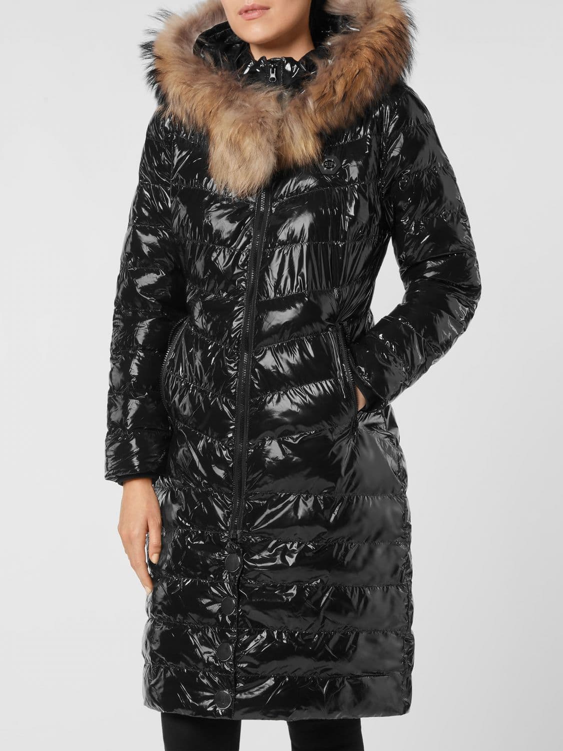 Philipp Plein Slim Fit Knee-Length Down Jacket in Nylon with Fur Collar