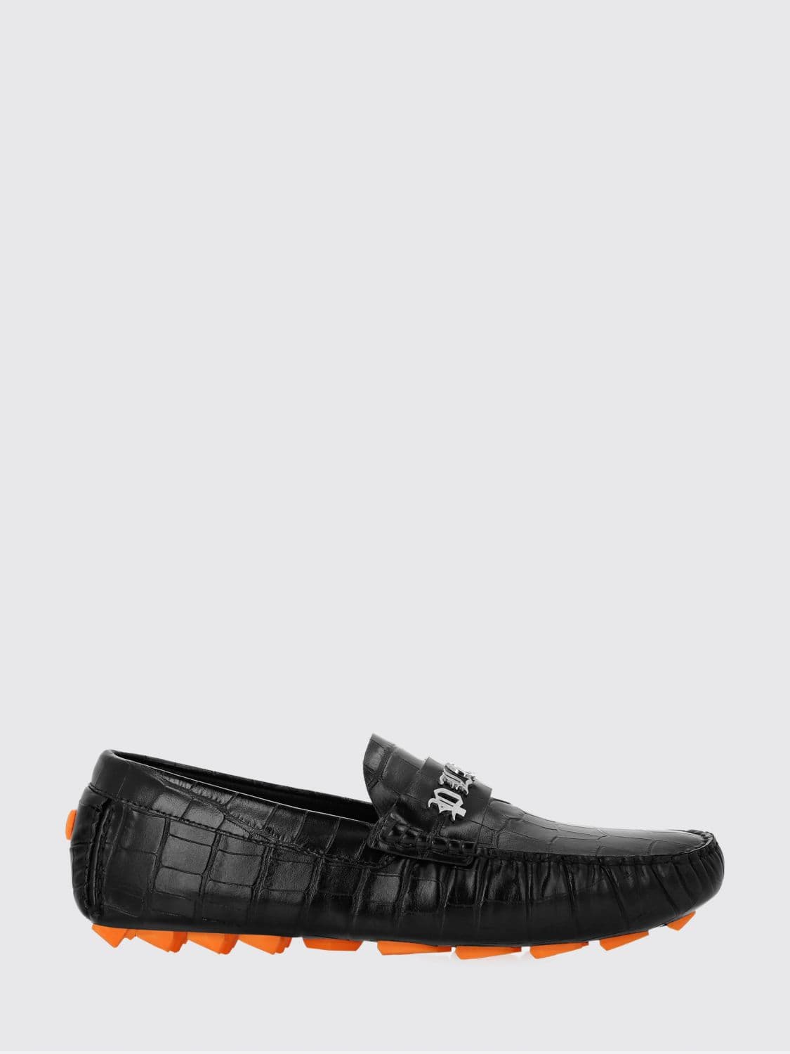 Philipp Plein Leather Driver Loafers with Crocodile Print and Metal Logo