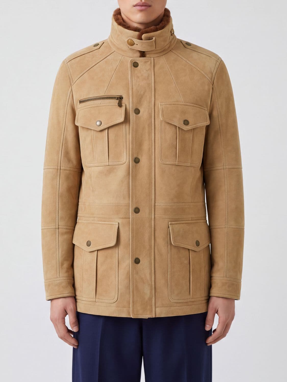 Brunello Cucinelli Shearling Utility Jacket with High Neck and Patch Pockets