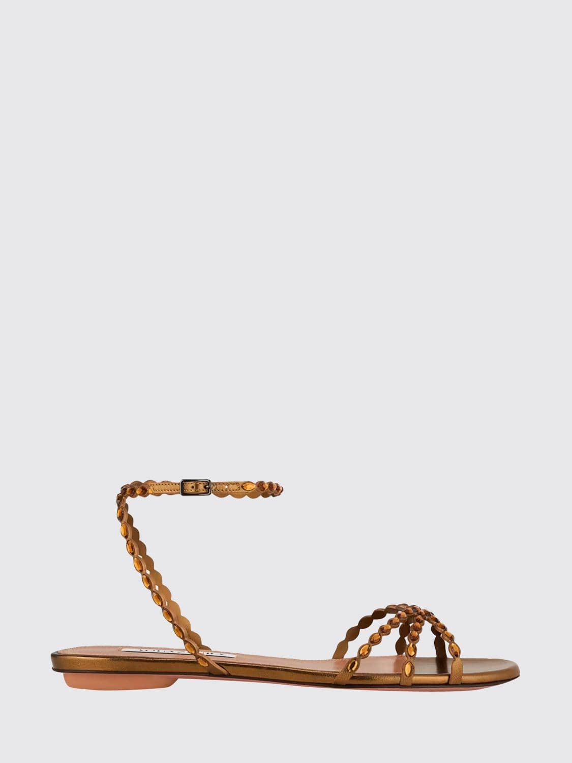 Aquazzura Love Struck Laminated Leather Flat Sandals with Rhinestones