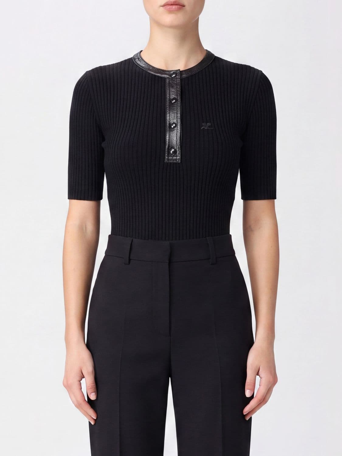 Courrèges Slim Fit Short-Sleeved Knit Top with a Buttoned Neckline