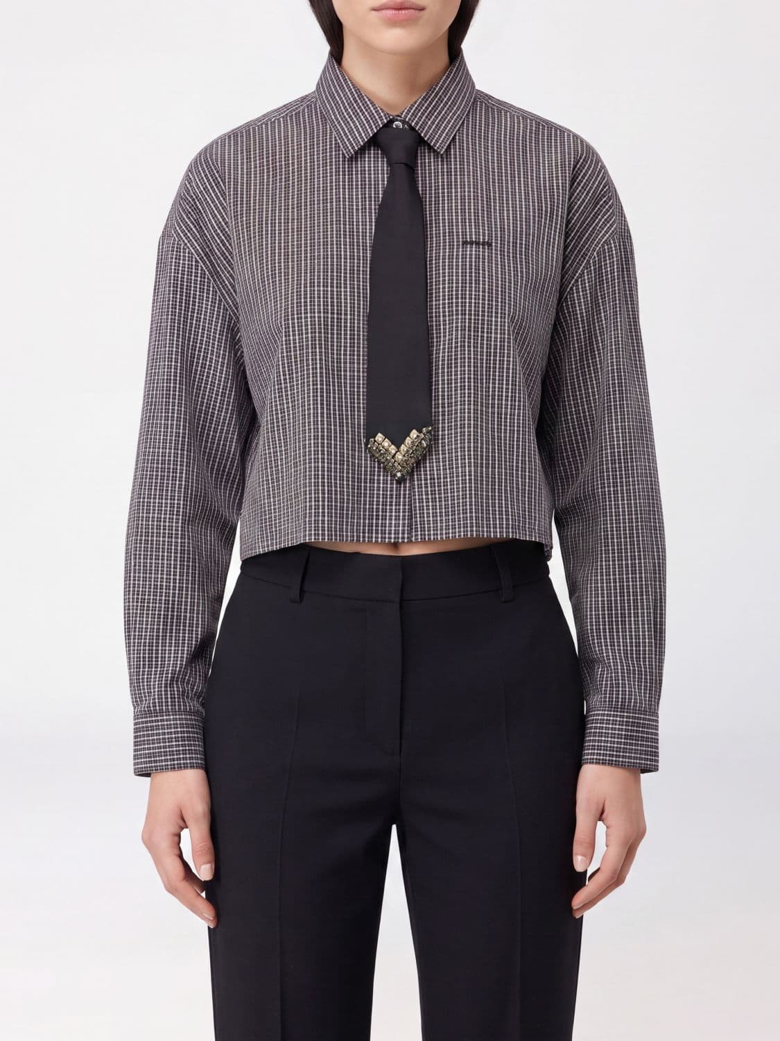 Pinko Check Cotton Shirt with Rhinestone Applications
