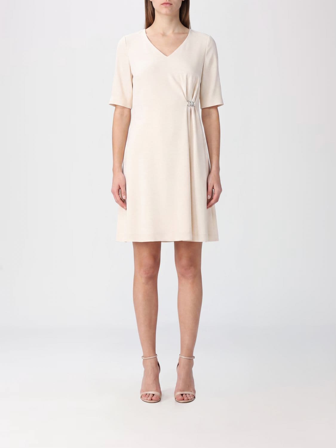 Herno A-Line V-Neck Mini Dress in Polyester with Metallic Ring Detail