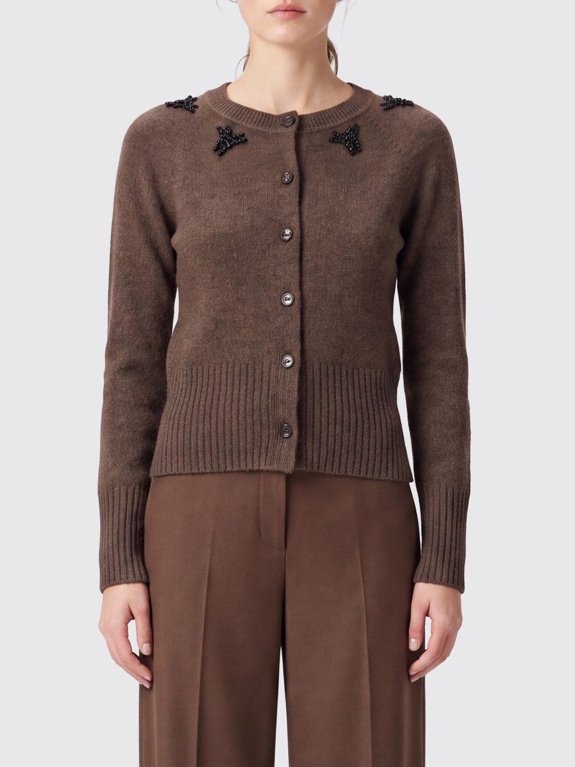 Simone Rocha Crewneck Cardigan in Pure Cashmere with Embroidered Rhinestones