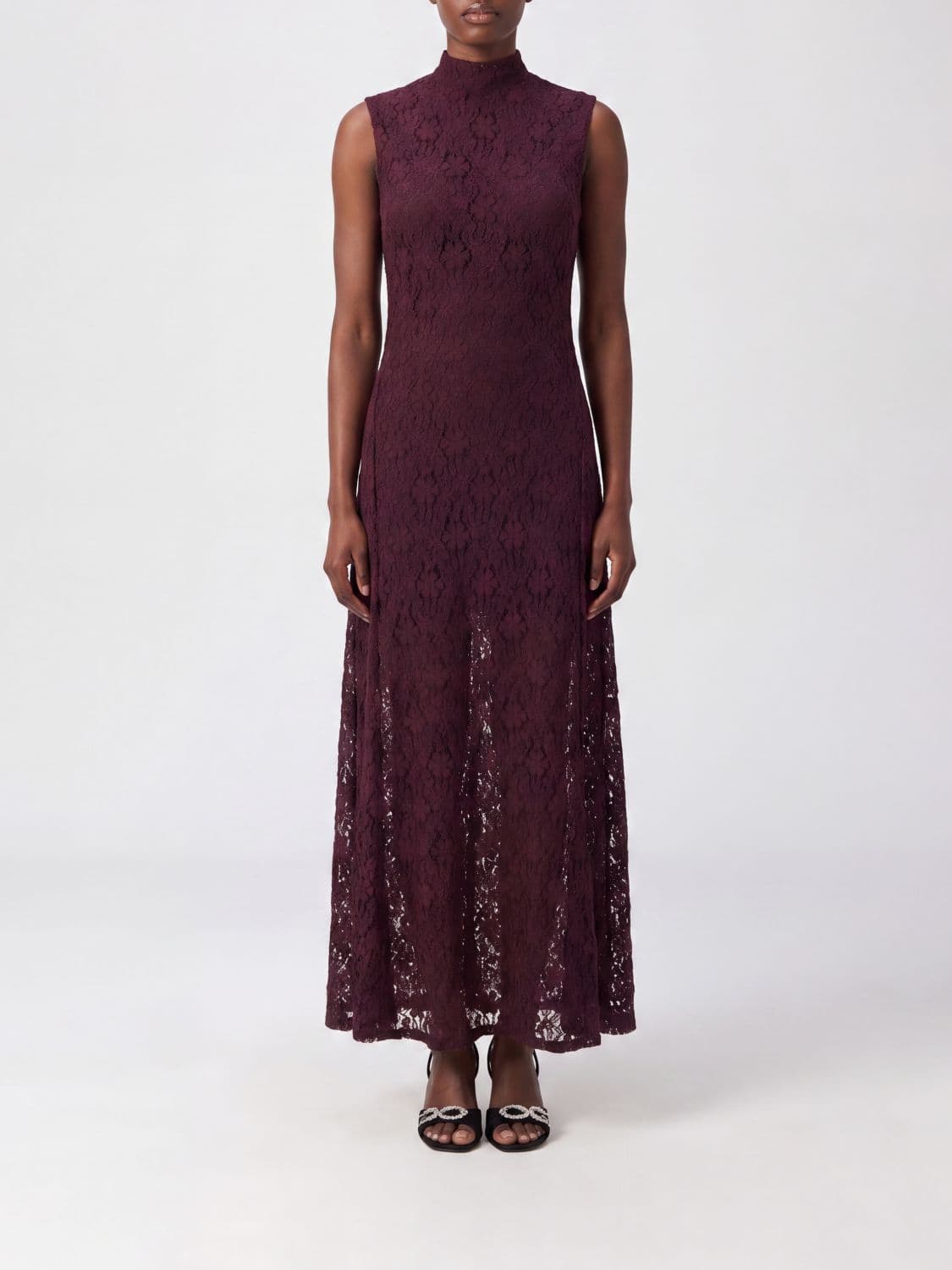 Rotate Sleeveless A-Line Long Dress in Recycled Lace with High Neck
