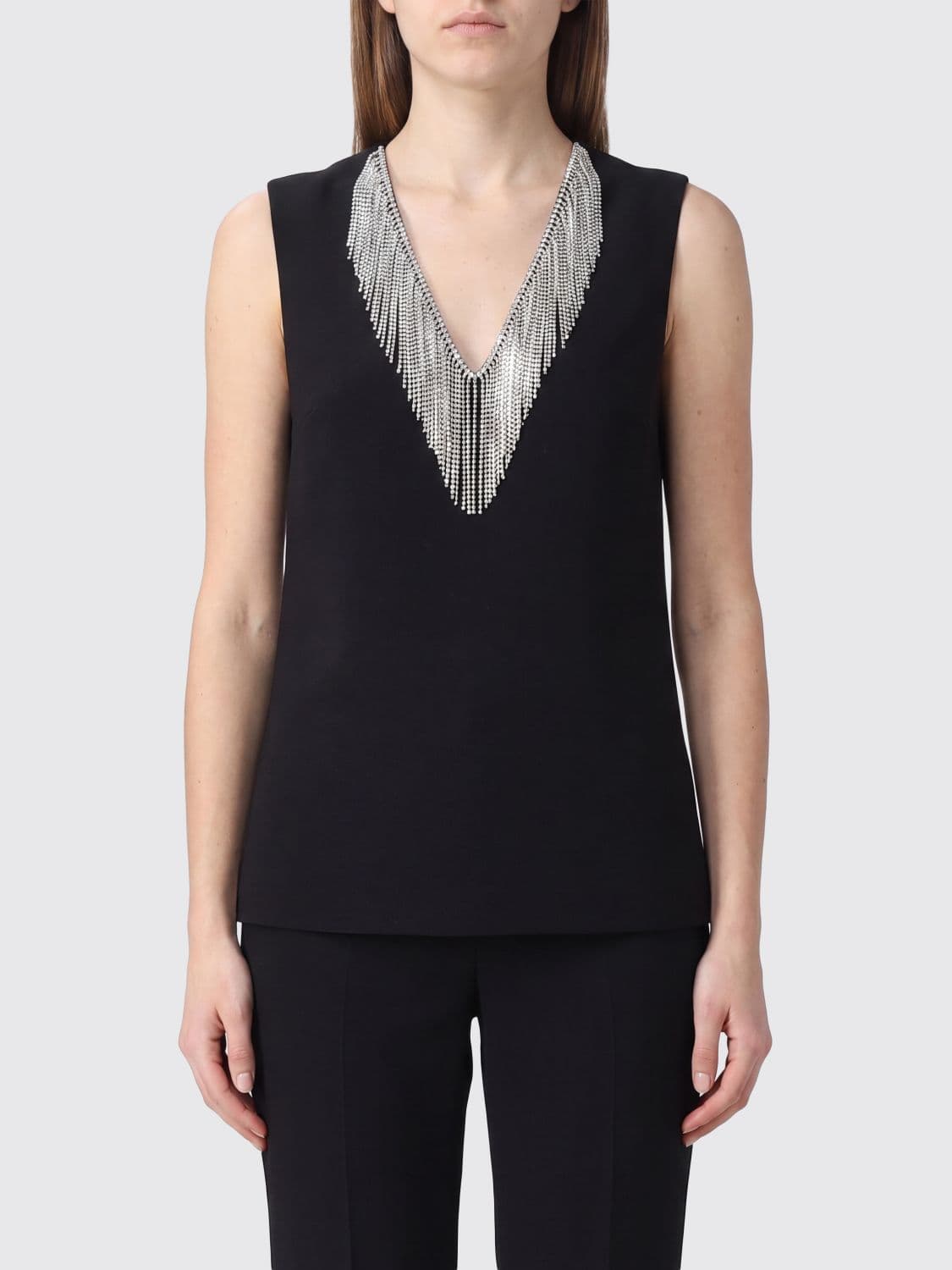 Sportmax V-Neck Sleeveless Slim-Fit Top with Jewel Fringes