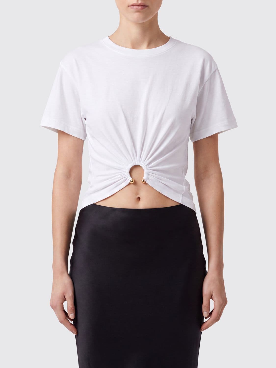 Rabanne Cropped Ruched Cotton T-shirt with Ring Detail