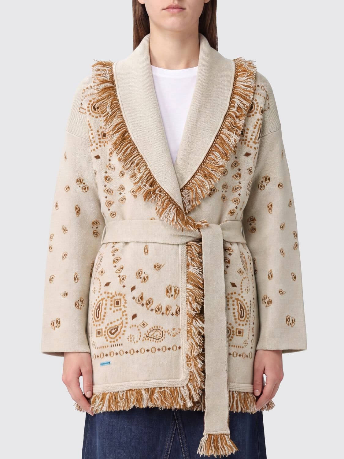 Alanui Bandana Motif Robe Cardigan in Cashmere with Fringes