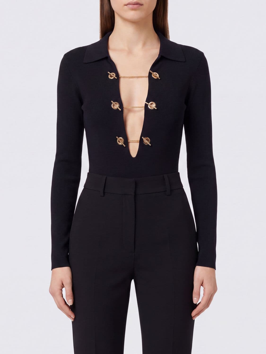 Elisabetta Franchi Viscose Knit Top with V-Neck and Clamp Detail · 40