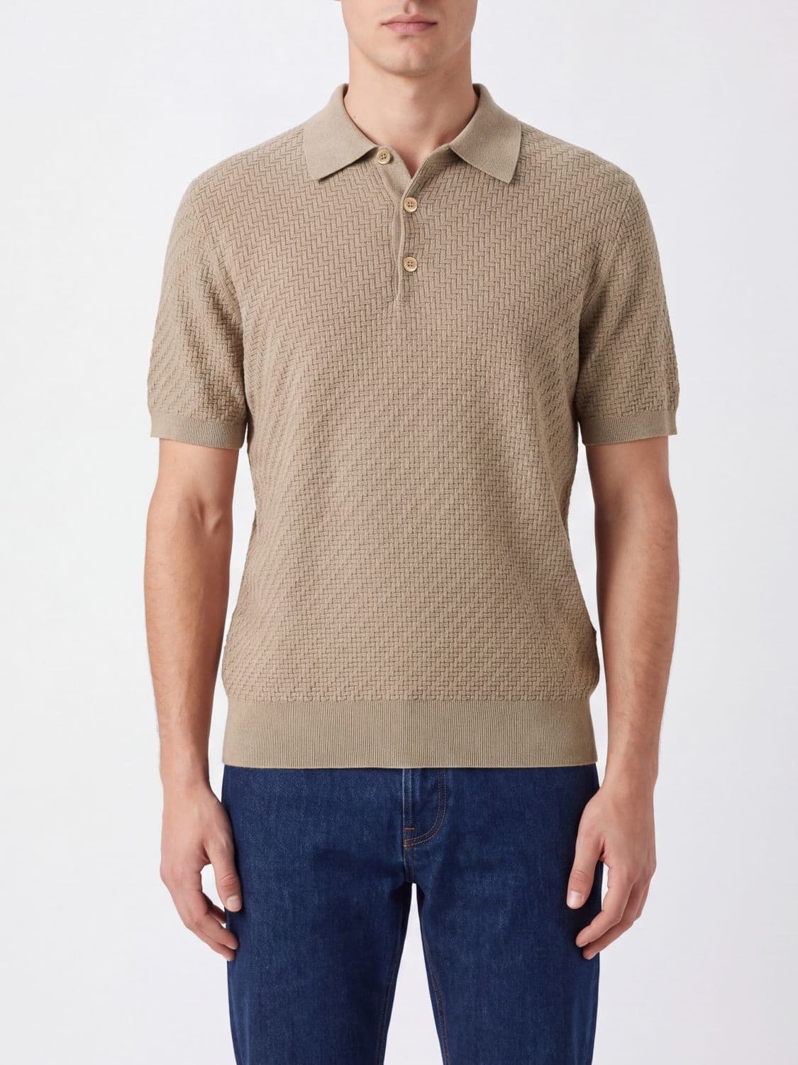 Brioni Slim Fit Knit Polo Shirt in Cotton with Ribbed Collar and Cuffs
