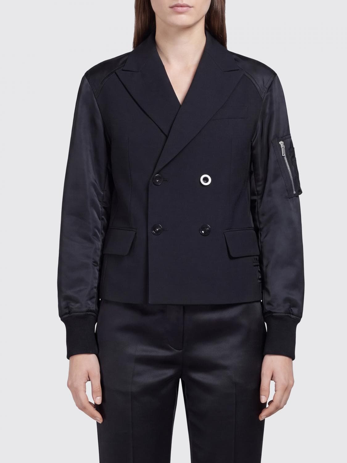 Sacai Slim Fit Double-Breasted Short Coat in Wool with Nylon Inserts