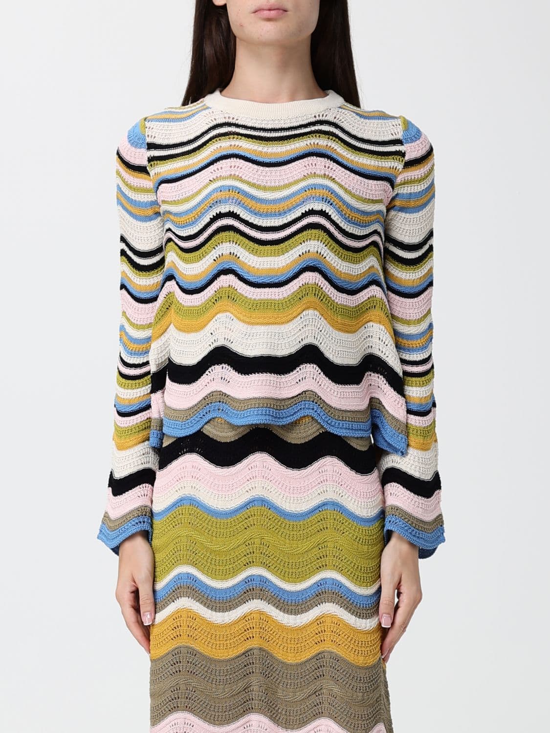 La Doublej Crochet Cotton Crewneck Jumper with Wave Print