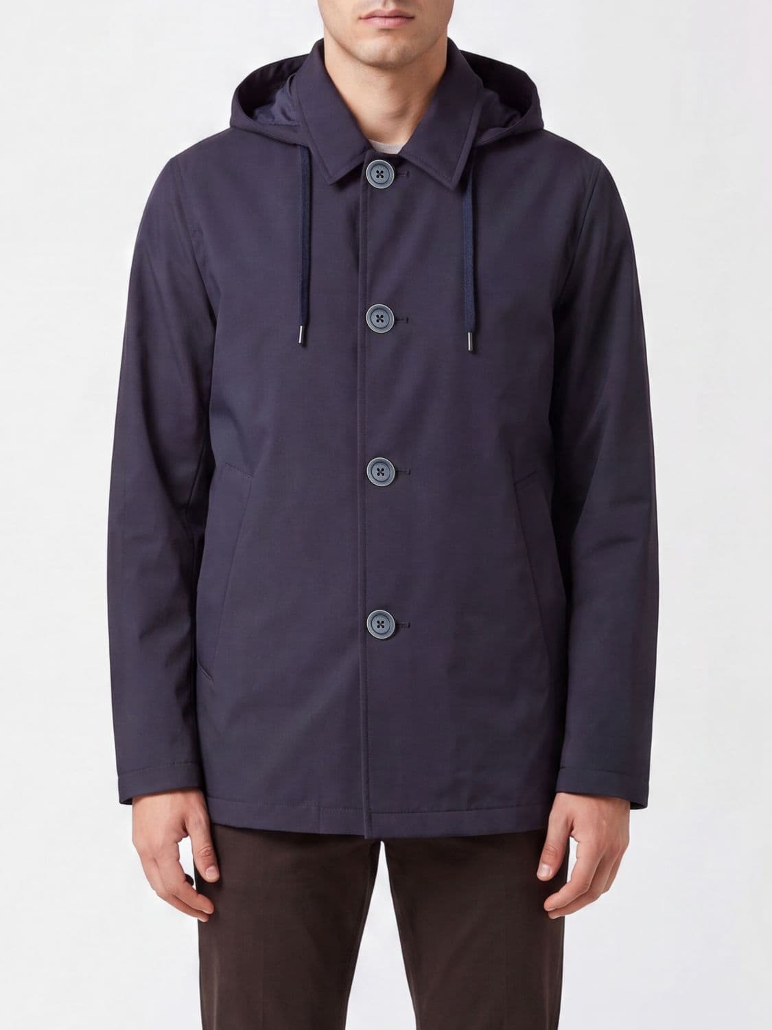 Herno Short Cotton Hooded Raincoat with a Classic Collar and Button Closure
