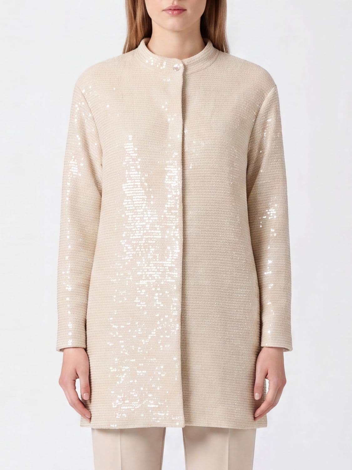 Herno Sequin-Embroidered Short Georgette Coat with Mandarin Collar · 44