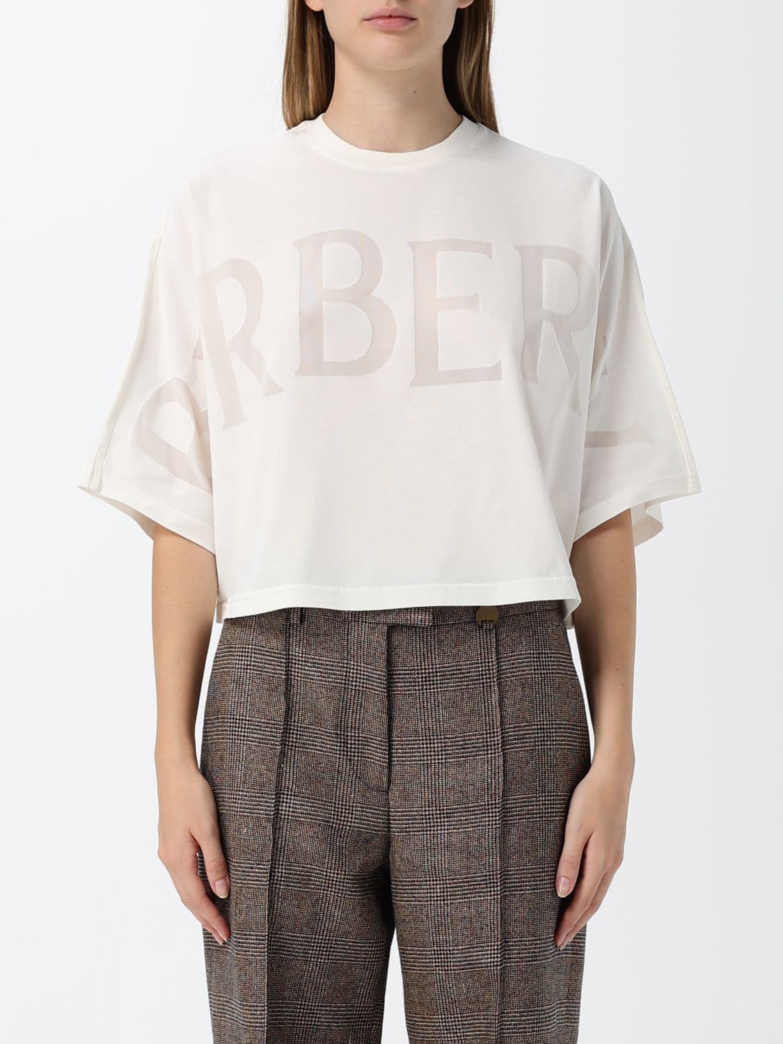 Burberry Cropped Cotton T-shirt with Tone-on-Tone Logo