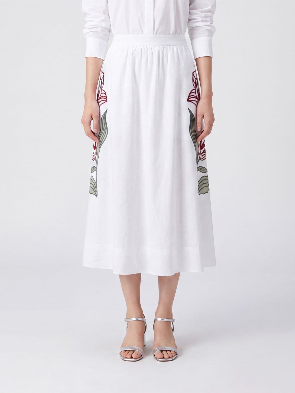 Farm Rio Off-White Flower Floral Print Linen A-Line Midi Skirt with High Waist