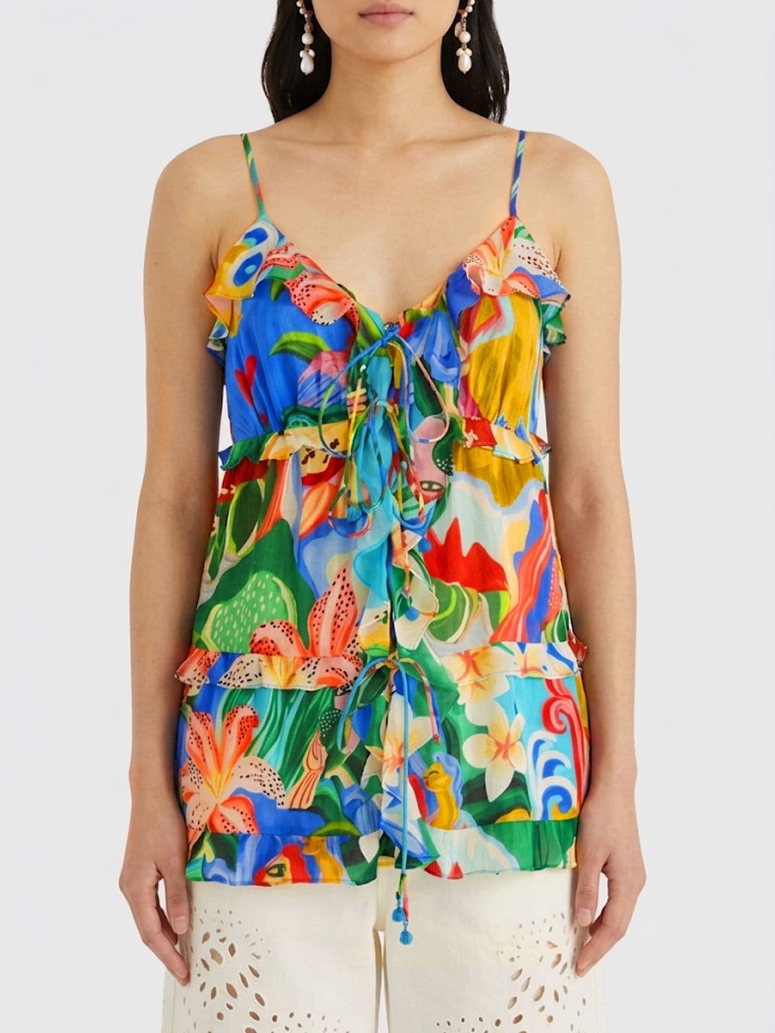 Farm Rio Embroidered Floral Top with V-Neck, Ruffles and Thin Straps