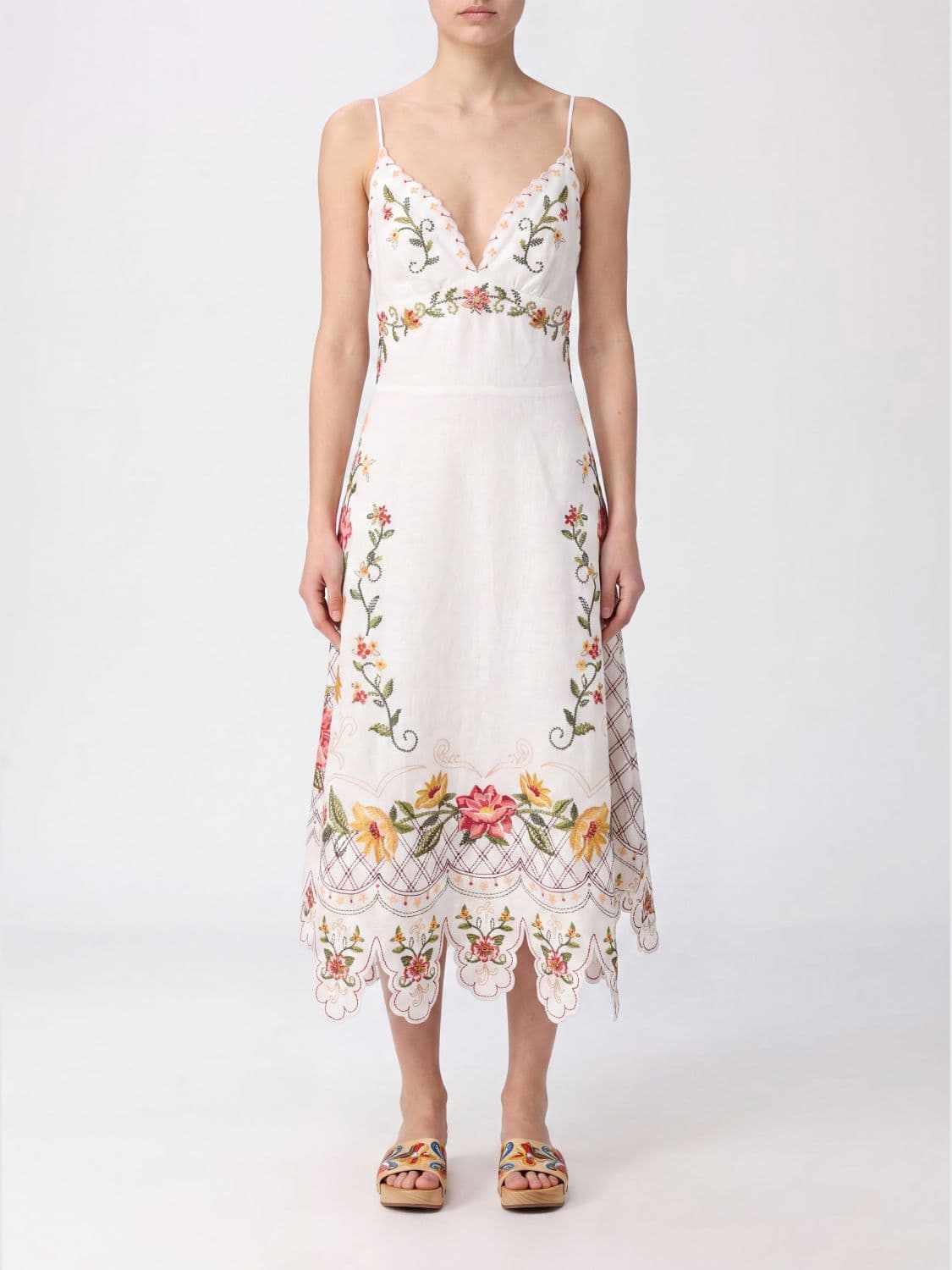 Farm Rio Off-White Flower V-Neck Floral Print Linen Midi Dress · S