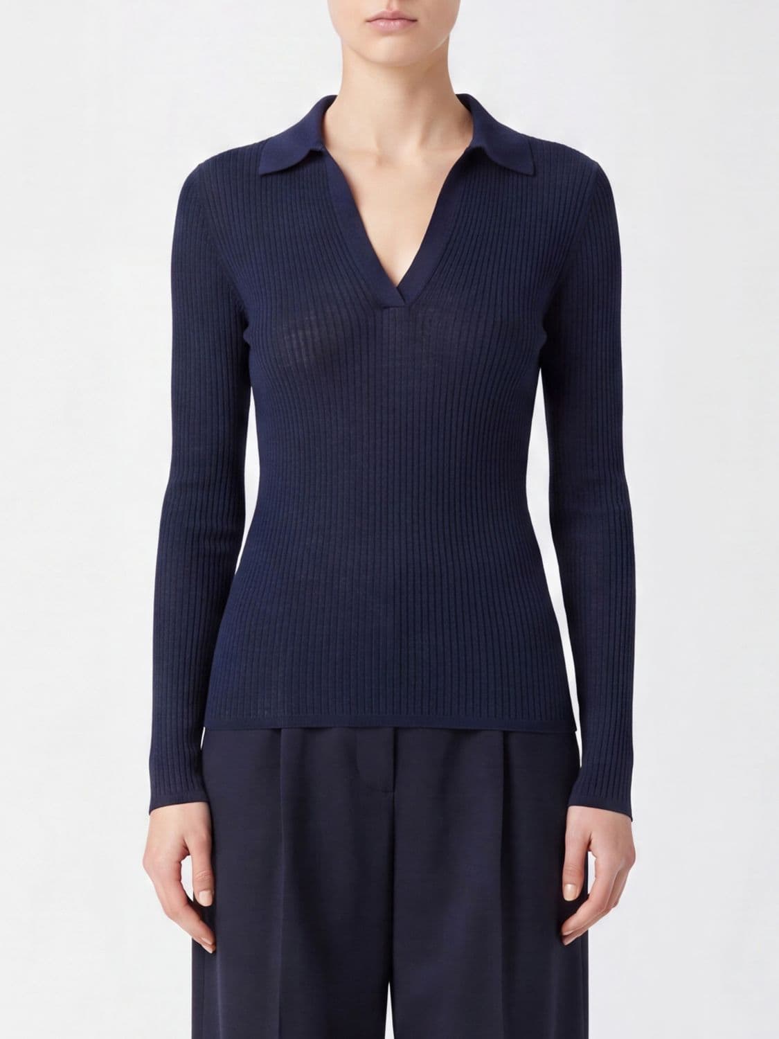 Max Mara Ribbed Silk and Cashmere Knit Polo with V-Neck and Slim Fit