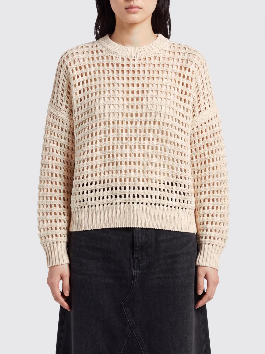 Brunello Cucinelli Openwork Wool and Cashmere Crewneck Jumper with Dropped Shoulders