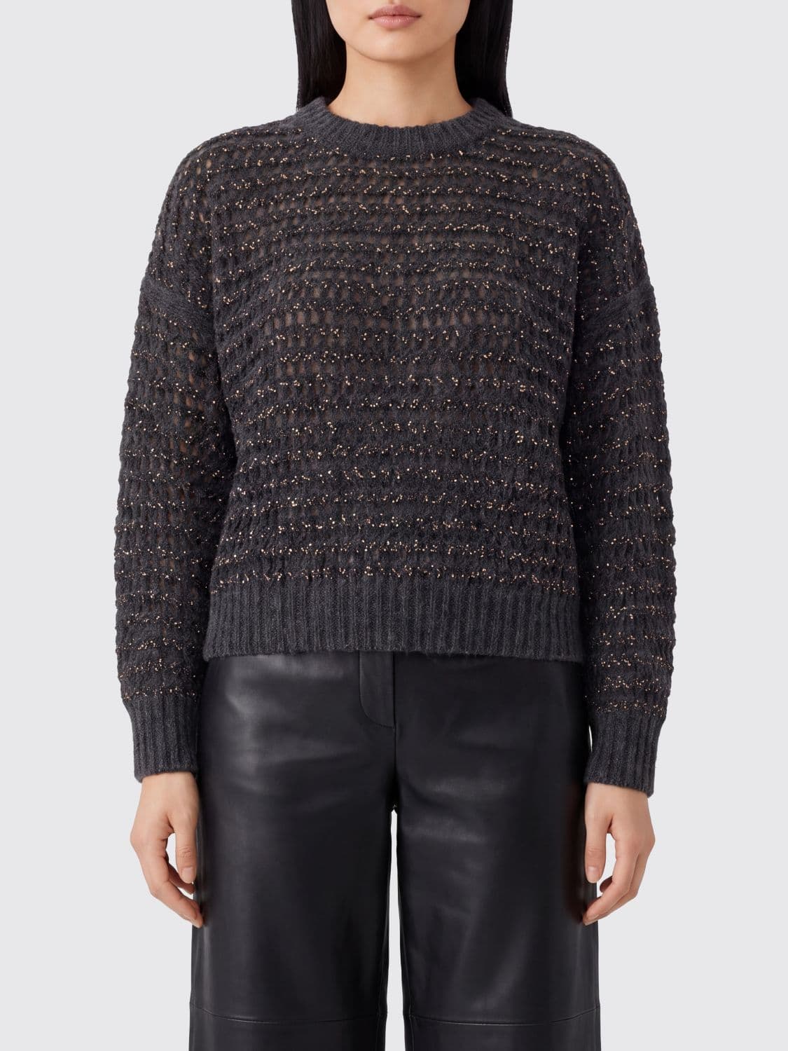 Brunello Cucinelli Openwork Wool and Cashmere Crewneck Jumper with Dropped Shoulders