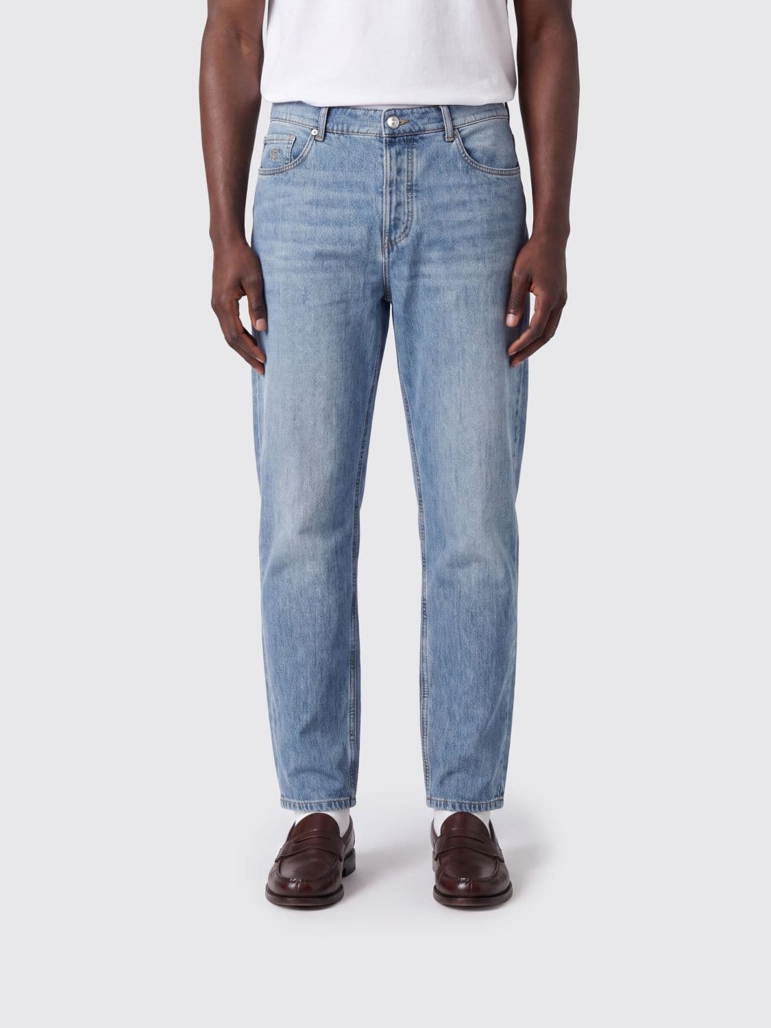 Brunello Cucinelli Straight Fit Cotton Denim Jeans with Embroidered Logo