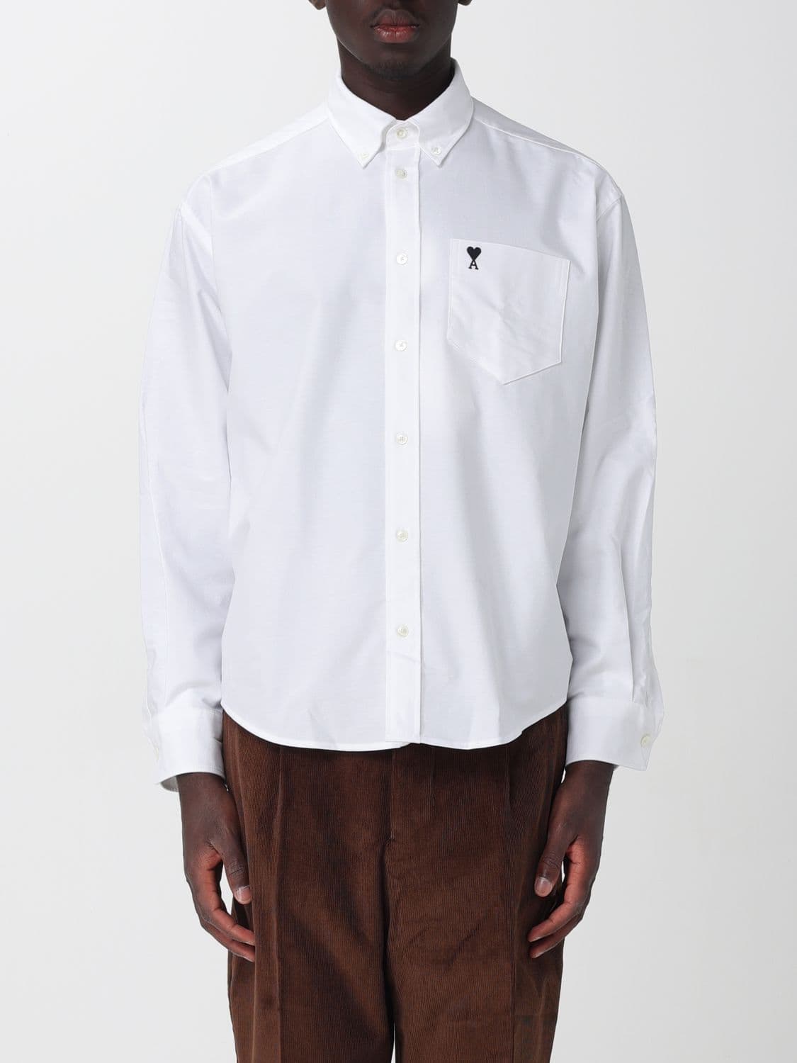 Ami Paris Relaxed Fit Cotton Shirt with Button-Down Collar and Embroidered Logo