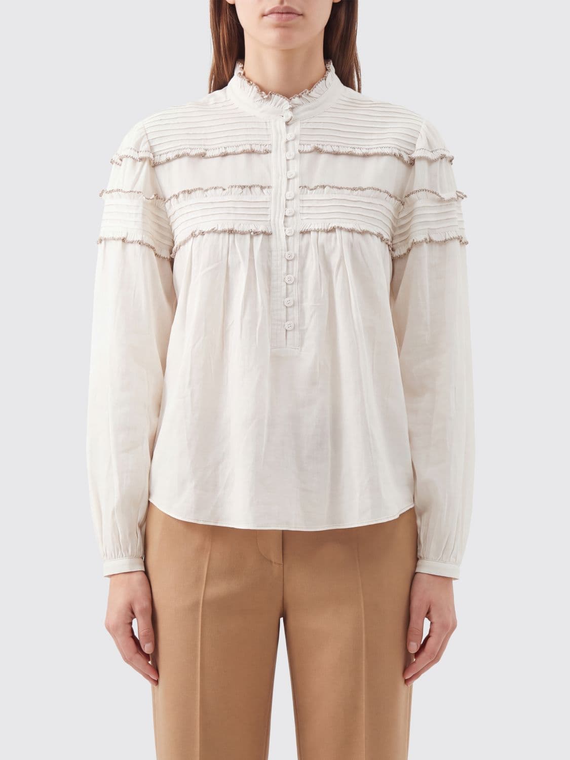 Isabel Marant Etoile Cotton Shirt with Ruffles and Mandarin Collar