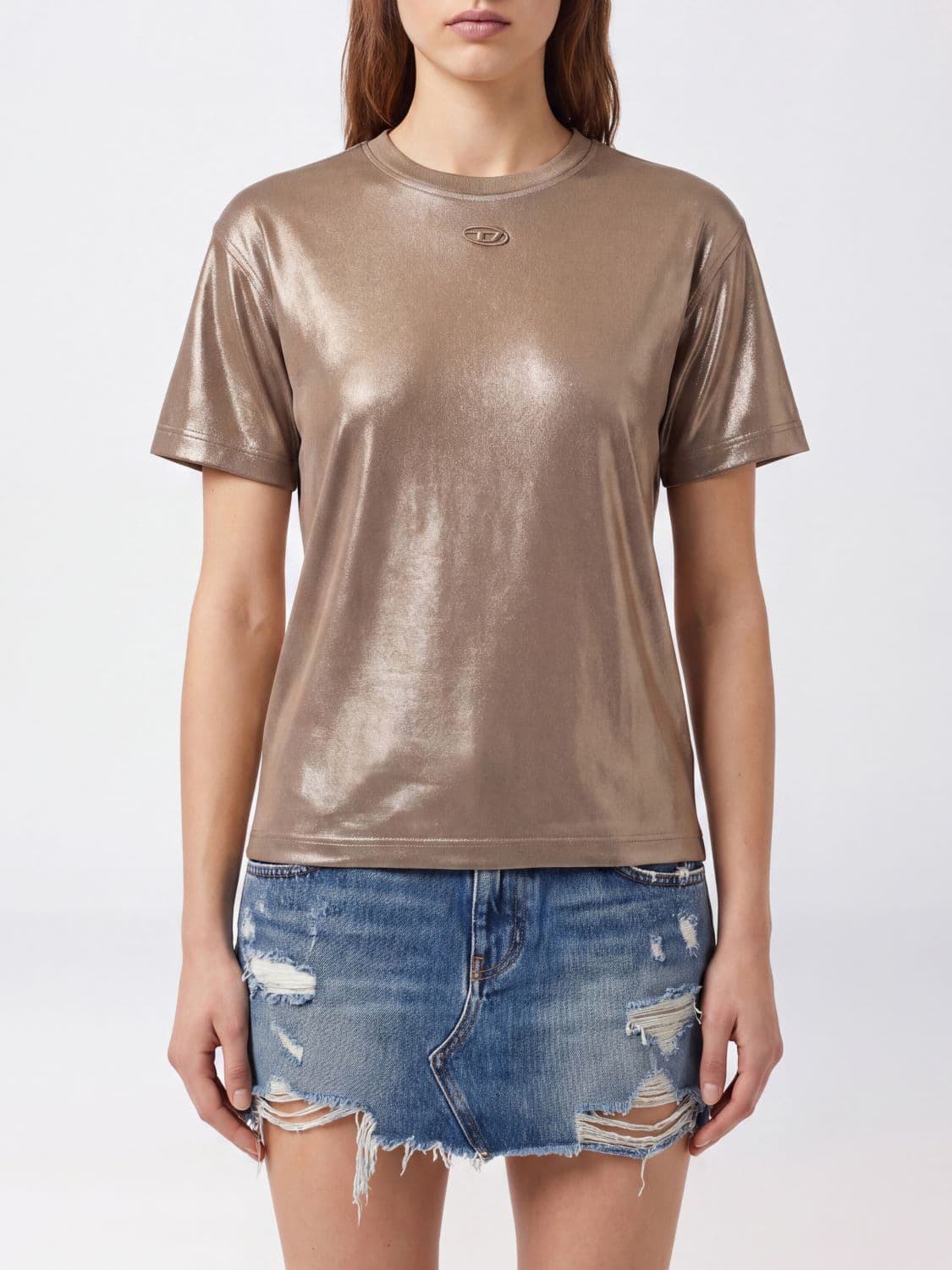 Diesel Laminated Technical Viscose T-Shirt with Oval D Logo and Dropped Shoulders