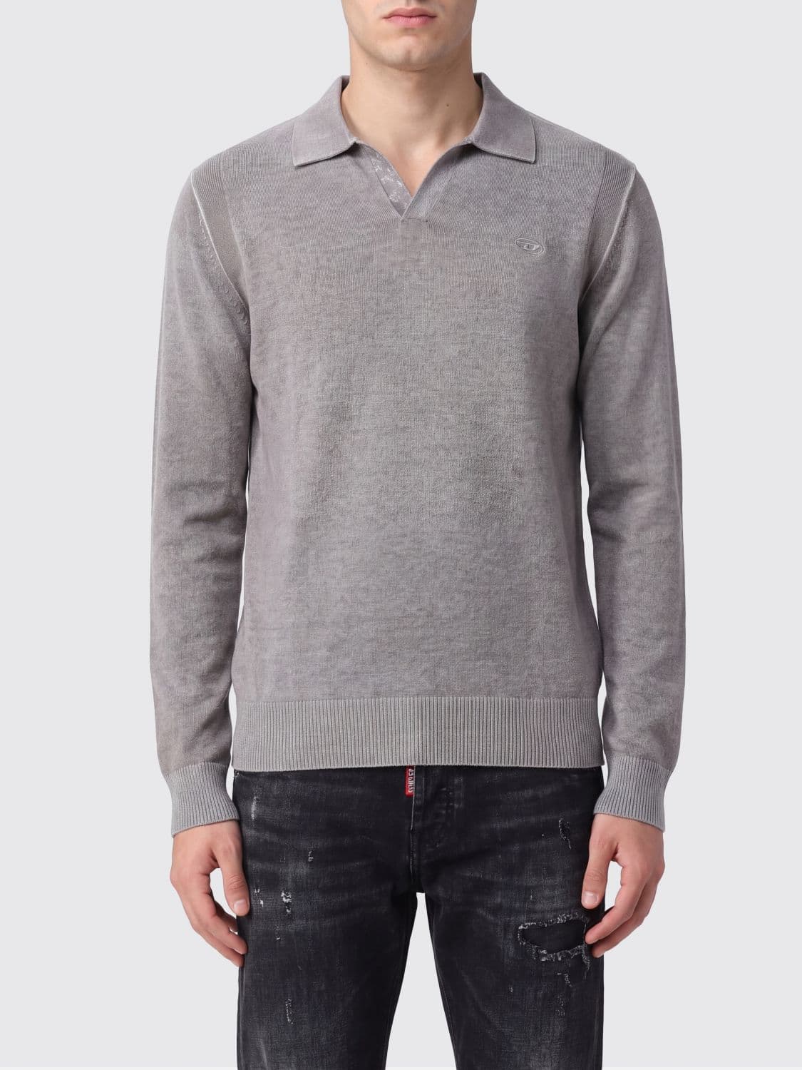 Diesel Long-Sleeved V-Neck Knit Polo Shirt in Cotton with Oval D Logo