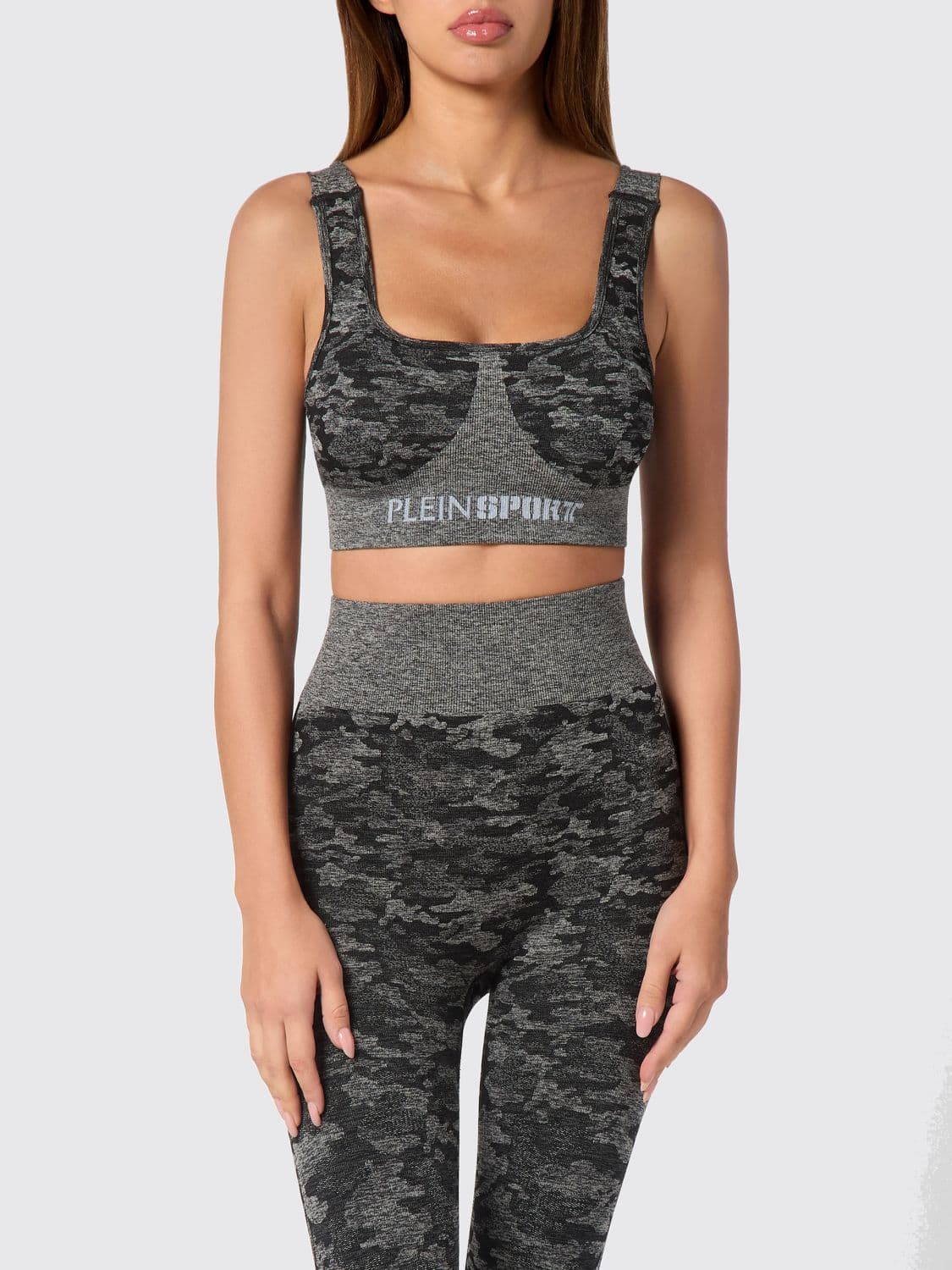 Plein Sport Camouflage Print Cropped Jersey Sports Top with Thin Straps