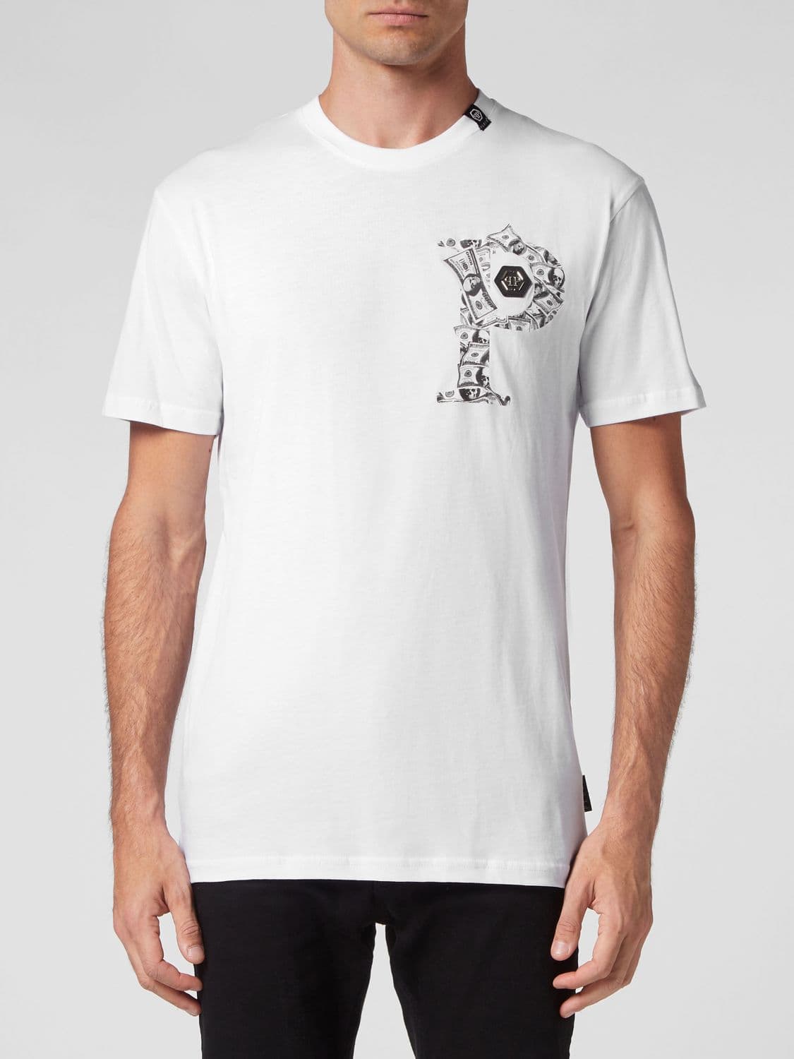 Philipp Plein Slim Fit Cotton T-Shirt with Monogram Print and Hexagon Logo