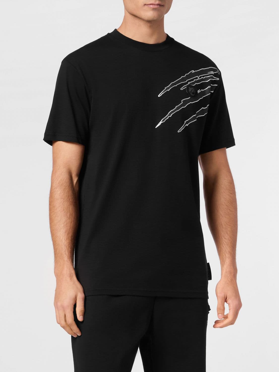 Plein Sport Slim Fit Cotton T-Shirt with Graphic Print and Dropped Shoulders