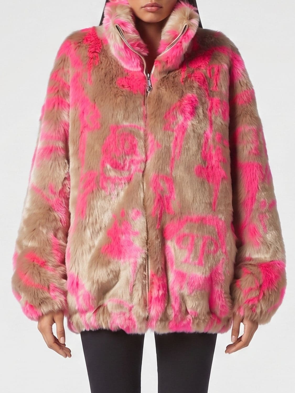 Philipp Plein Graphic Print Cropped Faux Fur Jacket with High Neck