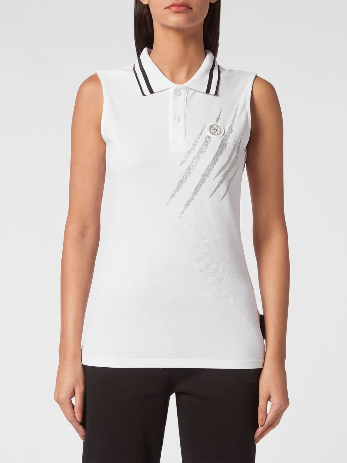 Plein Sport Sleeveless Scratch Graphic Print Cotton Polo