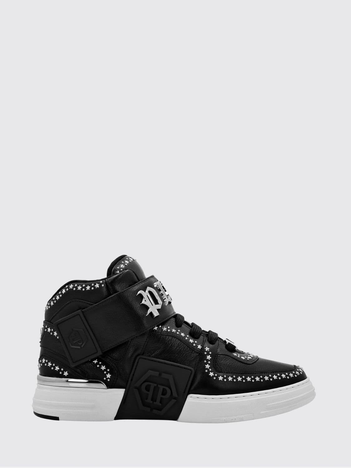 Philipp Plein Gothic High-Top Leather Sneakers with Studs and Star Applications