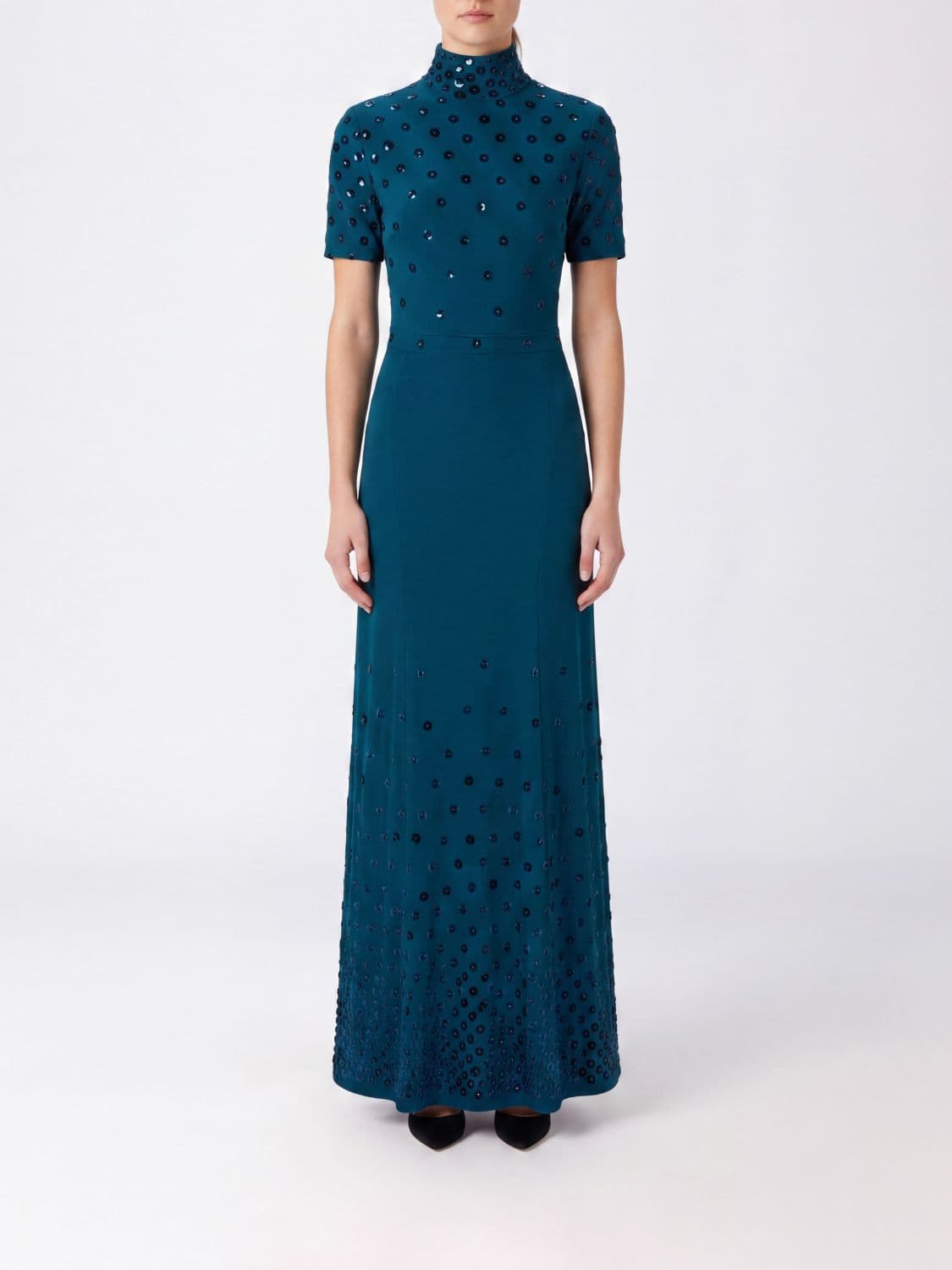Rabanne High-Neck Long Satin Evening Gown with Sequins