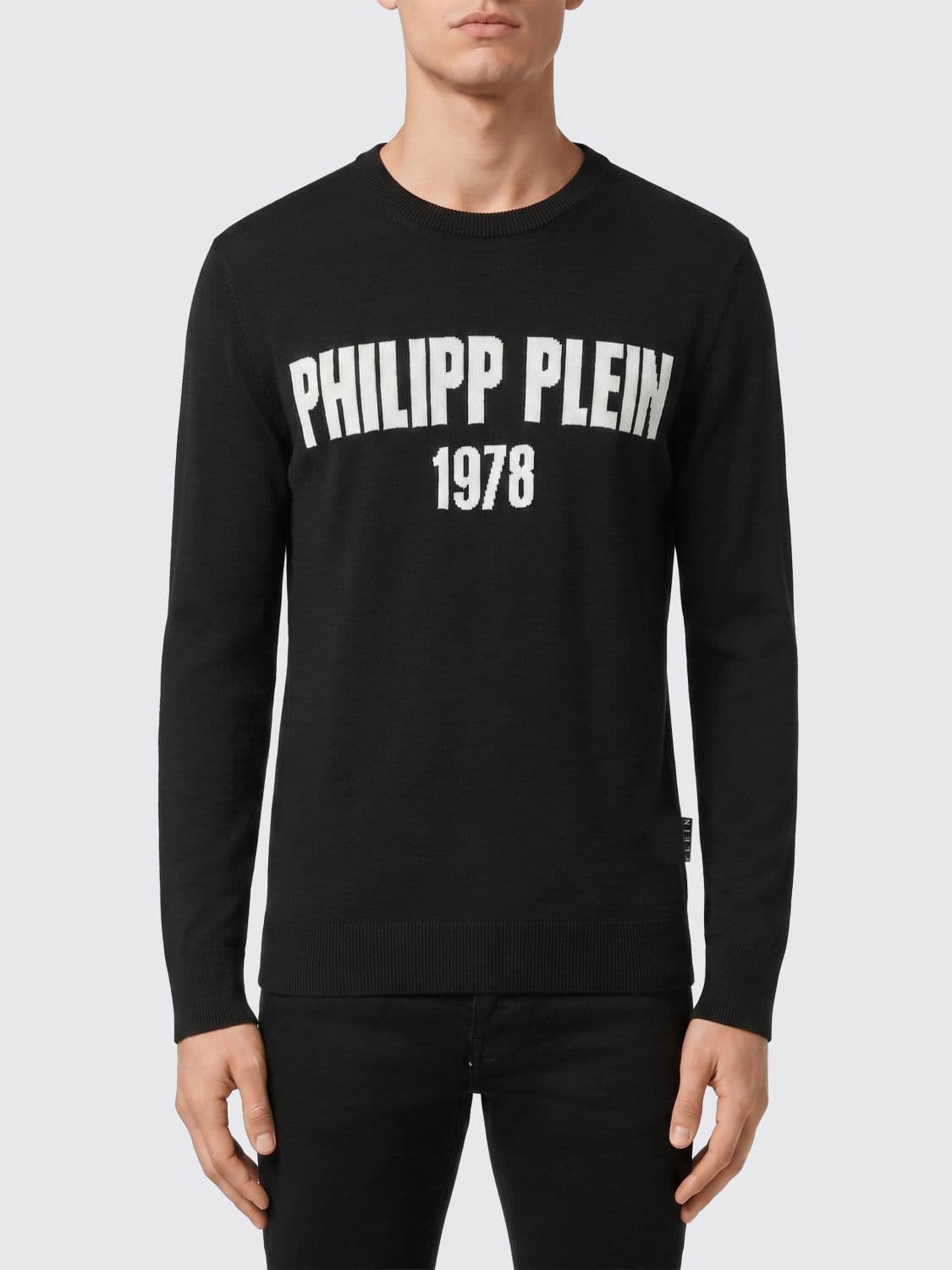 Philipp Plein Wool and Cotton Blend Crewneck Jumper with All-Over Jacquard Logo Pattern
