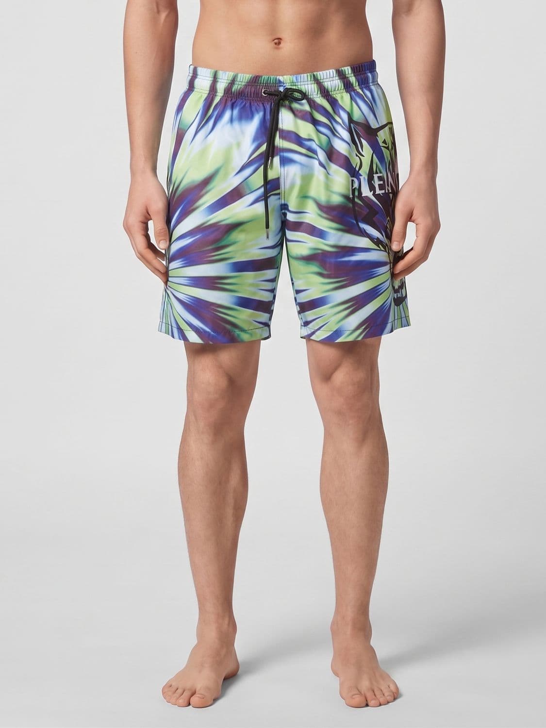 Plein Sport Technical Nylon Swim Shorts with All-Over Optical and Logo Print