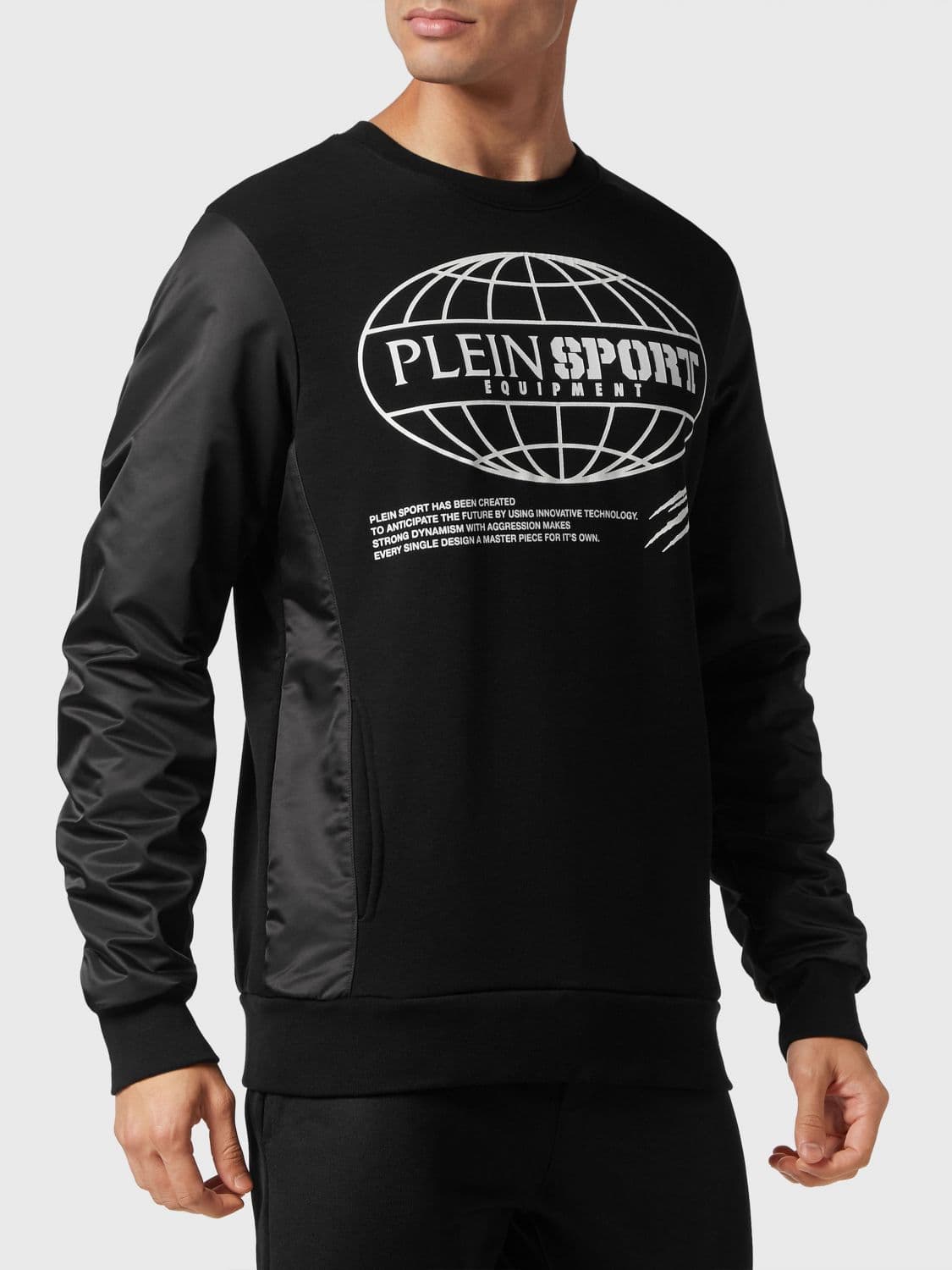 Plein Sport Cotton Jersey and Nylon Crewneck Sweatshirt with Contrast Chest Logo