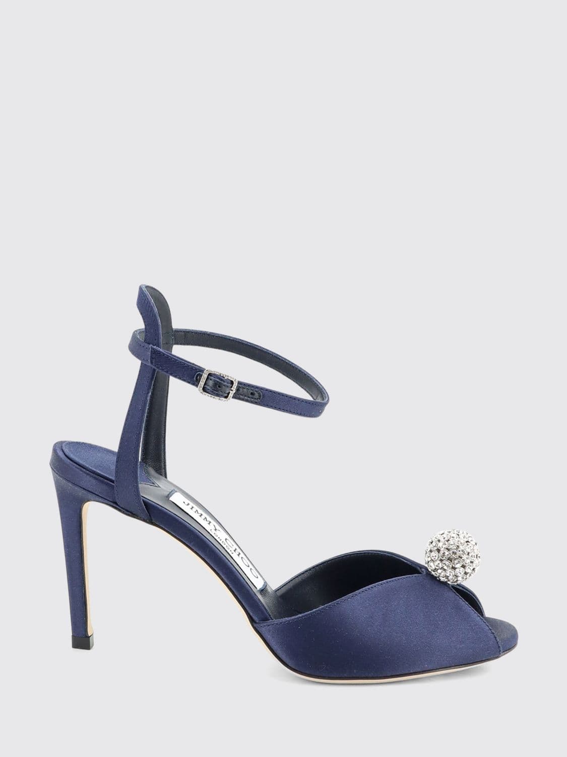 Jimmy Choo Sacora Satin Sandals with Crystals and High Stiletto Heel