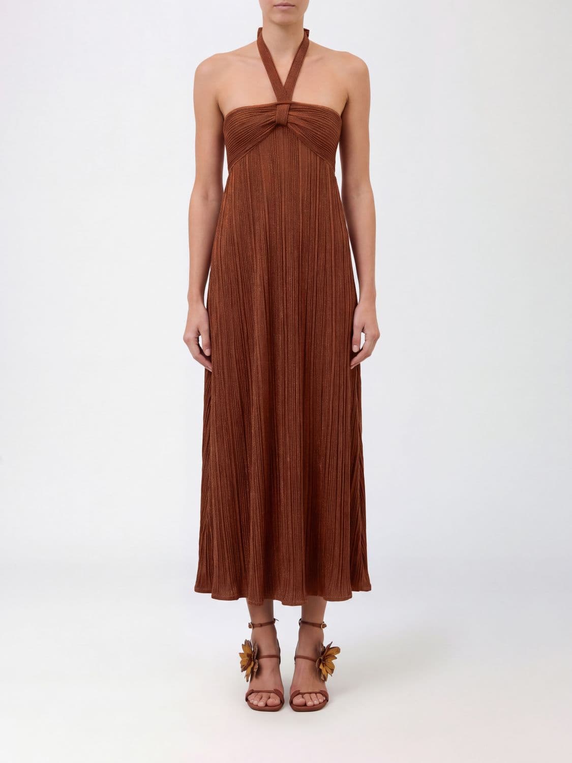 Zimmermann Pleated Halter-Neck Midi Knit Dress in Lurex Viscose
