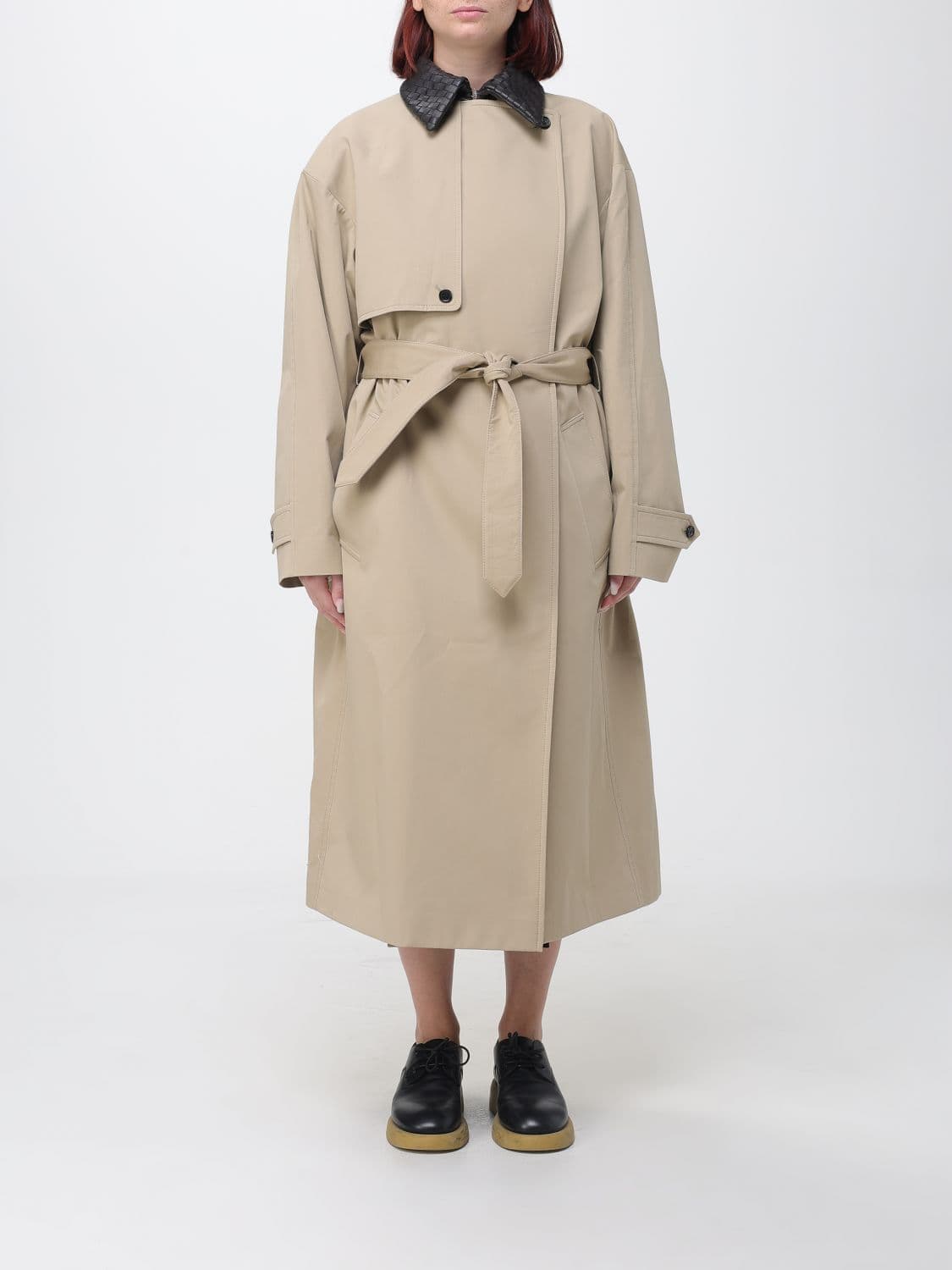 Bottega Veneta Oversized Long Cotton Trench Coat with Leather Collar