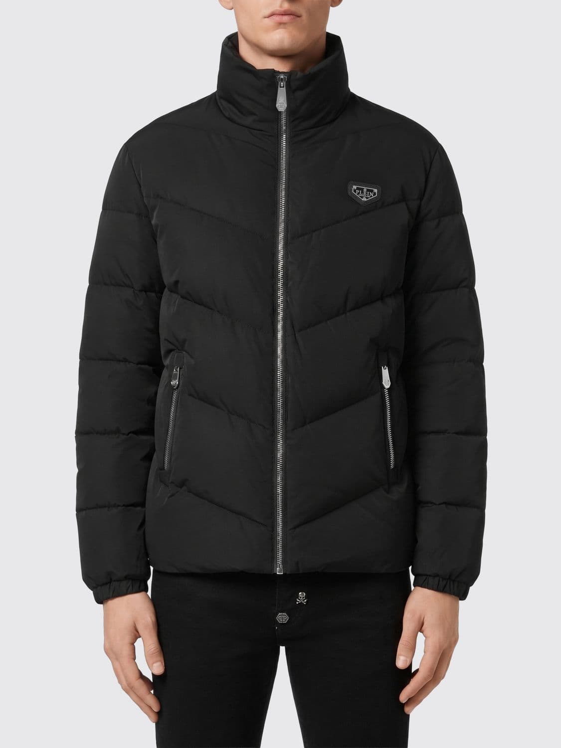 Philipp Plein Short Quilted Nylon Down Jacket with Zip Closure and Applied Logo
