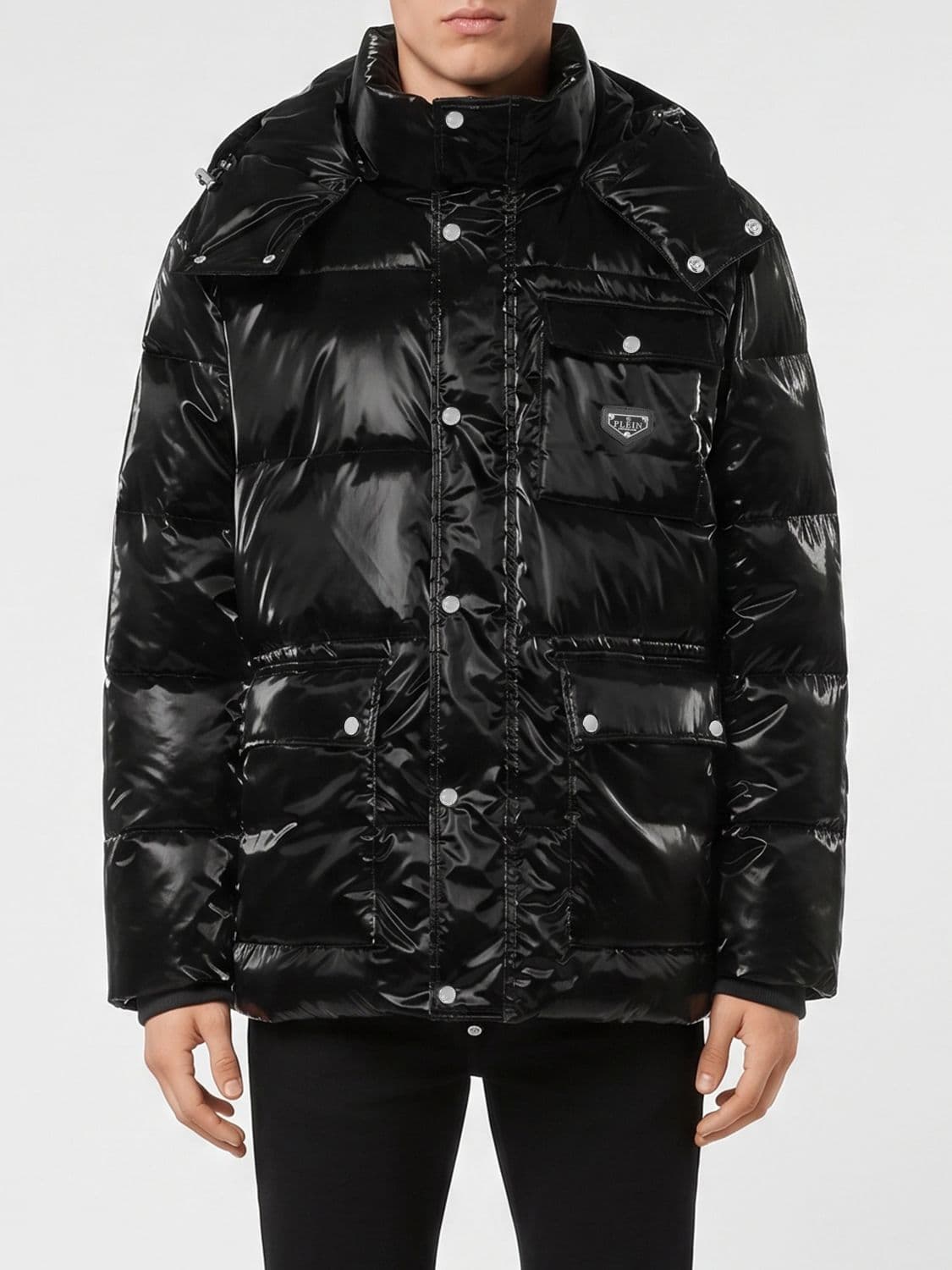 Philipp Plein Hooded Quilted Nylon Down Jacket with Patch Pockets and Logo